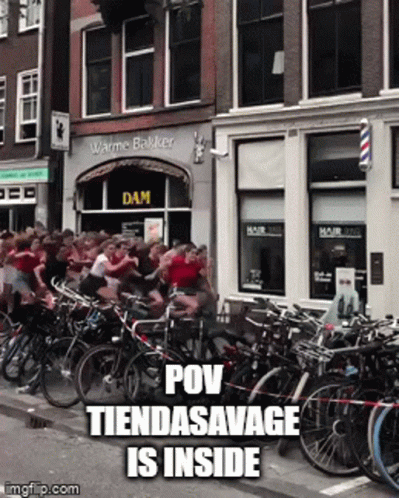a line of parked bicycles with the words pov tendasvage is inside