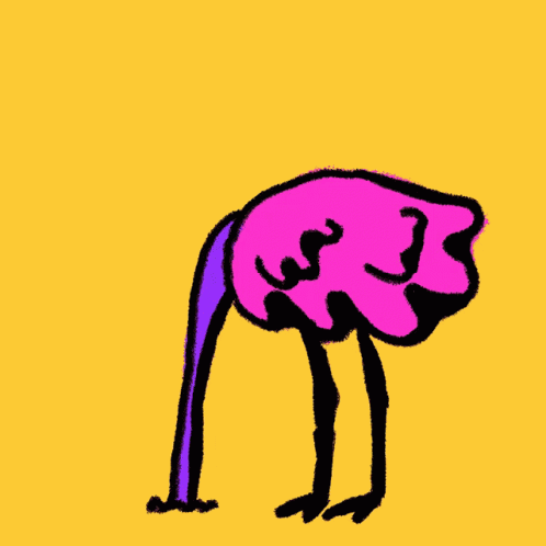 a drawing of a pink and purple bird bent down on it's feet