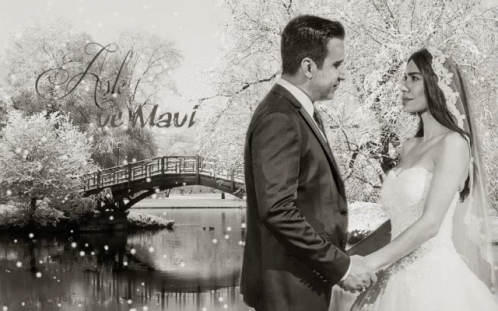 black and white pograph of a bride and groom looking at each other