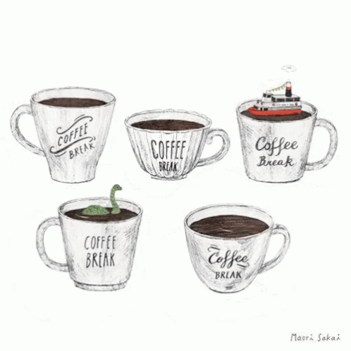 six coffee cups with different words are drawn in ink