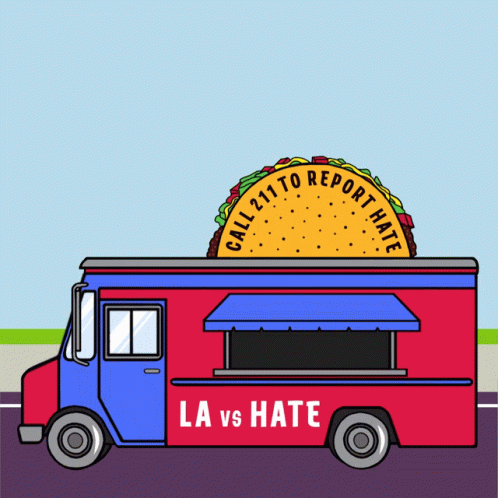 a flatbed food truck with the word la vs hate written on it