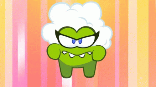 an animated green and white character on purple, blue, and green stripes