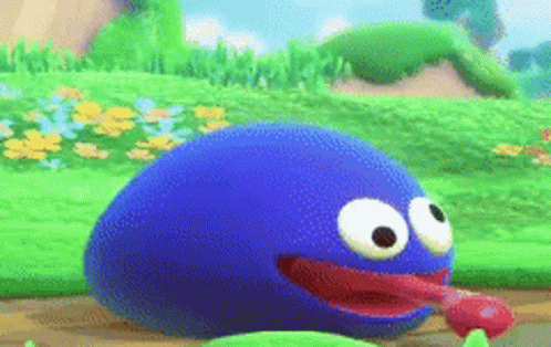a big red ball character holding a purple object