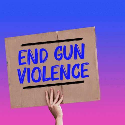 a red word reads end gun violence above a hand holding a sign