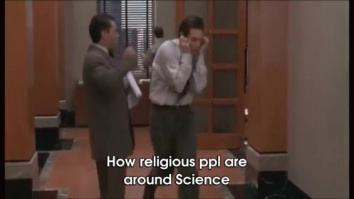 two men standing in a doorway with text that says how religious pppi are around science