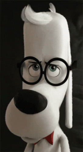 an animated dog with large glasses and a tie