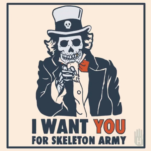 a skeleton holding up a phone that says i want you for skeleton army