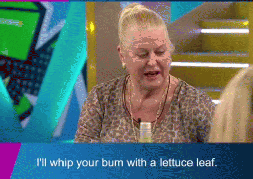 an old woman on the tv screen with the caption i'll whip your bum with a lettuce leaf
