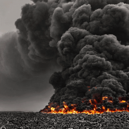 a massive cloud of black and white smoke rising over a sea of dark clouds