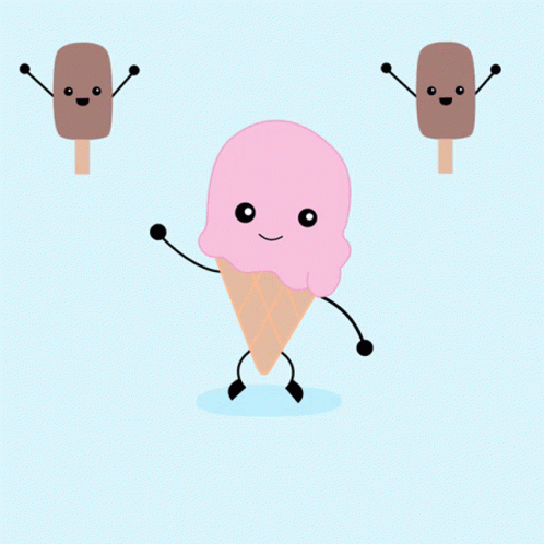 cartoon character representing a ice cream with two pops on one side and two other arms out and holding a stick