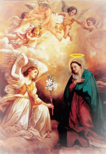 two angels standing next to a woman holding flowers