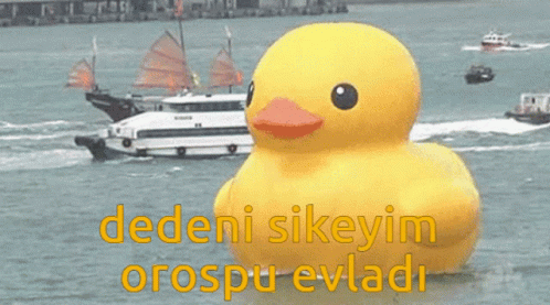 the giant blue rubber duck is floating in a body of water
