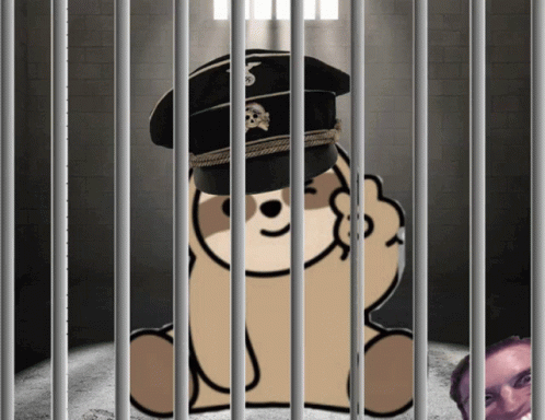 cartoon bear holding on to bars of  cell