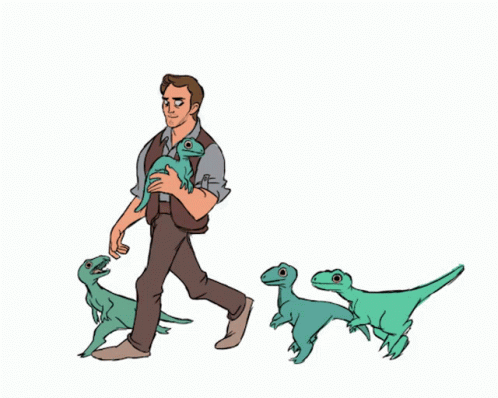 a man with an infant walking along next to two dinosaurs
