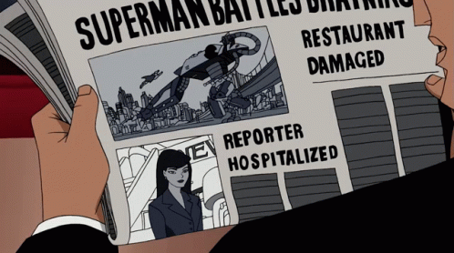 a person in suit holding up a newspaper with a picture of superman
