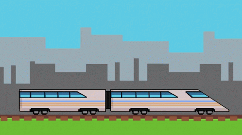 this is a video game with two trains and the city in the background