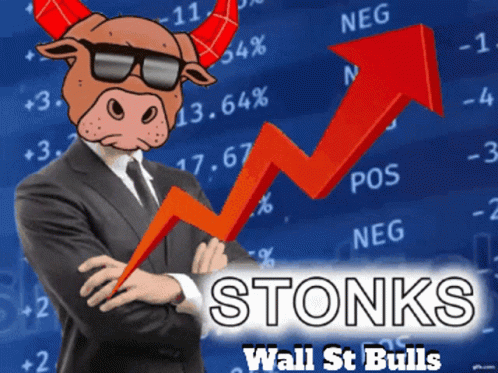 a cartoon man dressed in a suit and hat in front of stocks