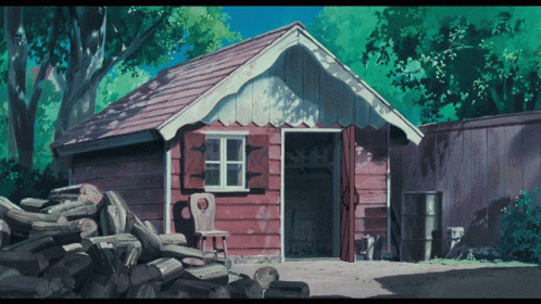 a painting shows the exterior of a blue cabin