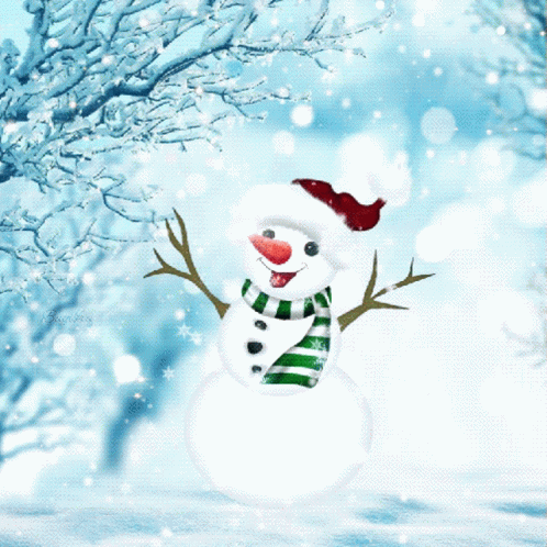 a snowman is standing under a tree