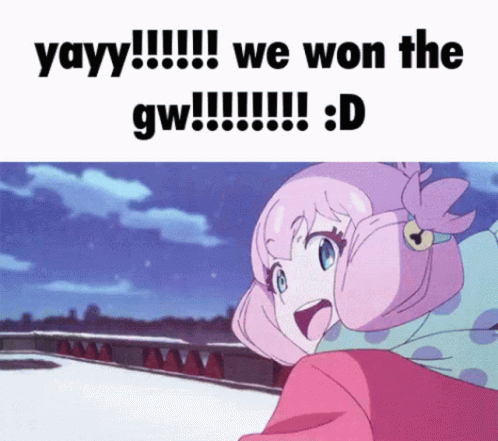 a cartoon girl saying, yay we won the gwf d