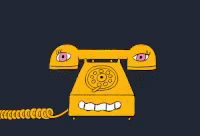 a blue rotary phone that has eyes