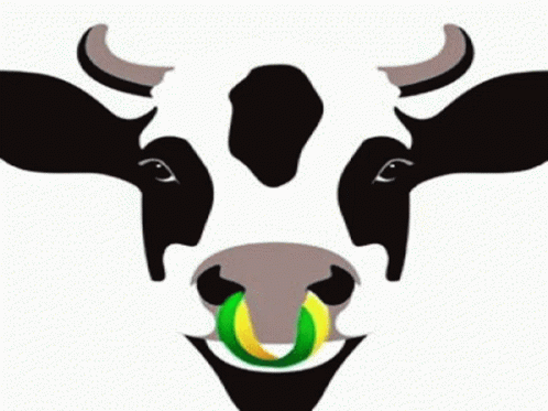 a cow's face with a green ball in its mouth