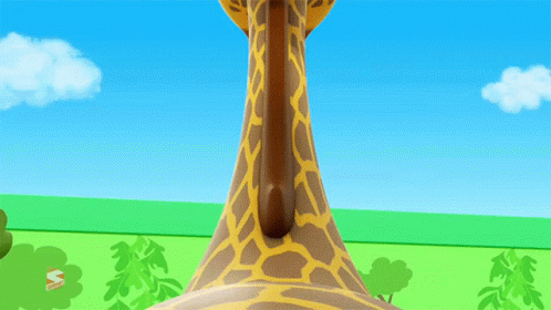 cartoon giraffe with green leaves on the neck and yellow sky background