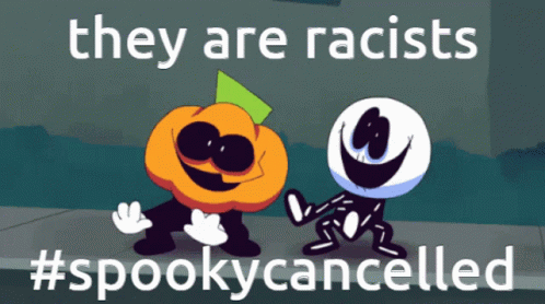 an animated message that says they are racists and two people with two arms around each other