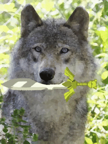 a painting of a wolf holding a white bow