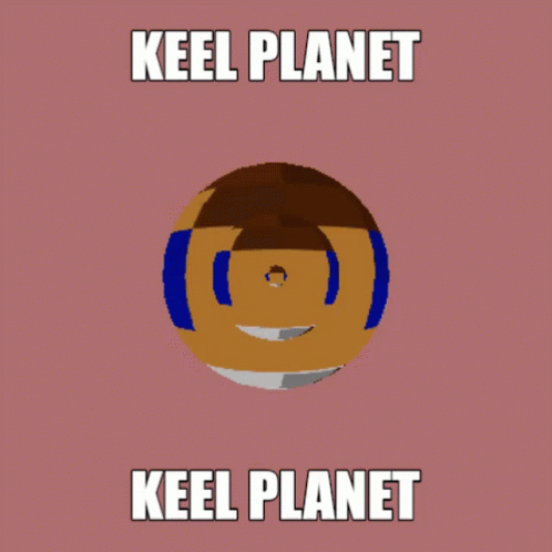 a computer graphic of a smiling face with words reading kel planet, keel, and keel
