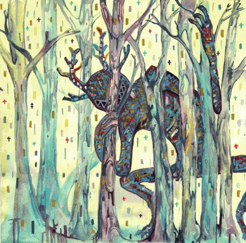 an artistic painting of two snakes in trees