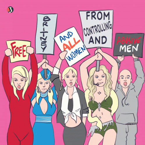 an animated image of a group of women holding protest signs