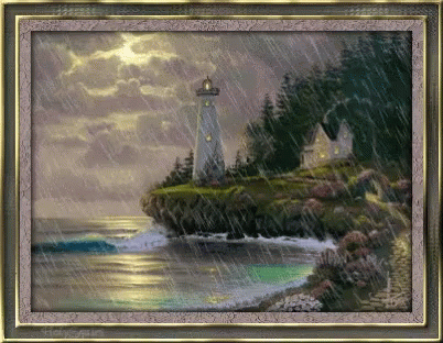 painting of lighthouse on the edge of water