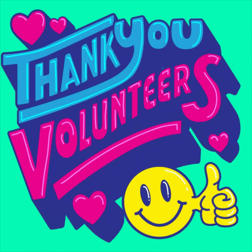 a colorful thank you volunteers card with hearts