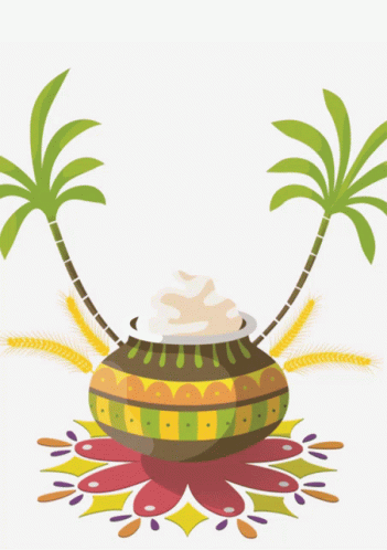 an illustration of a round blue vase with a handle and some palm trees