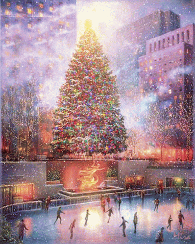 ice skating people near a lit up christmas tree