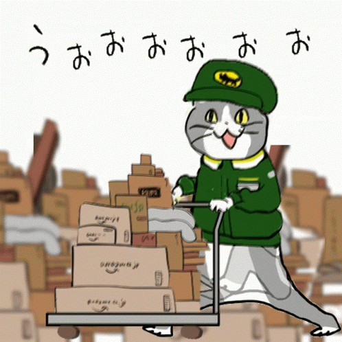 a man in a green jacket and green hat holding a cart full of boxes