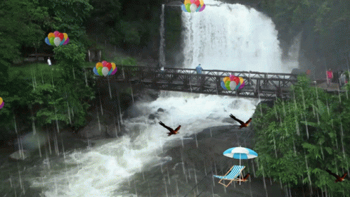a group of people that are flying kites near a water fall