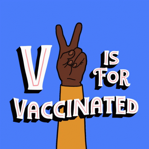 the words v is for vaccinated on an orange background