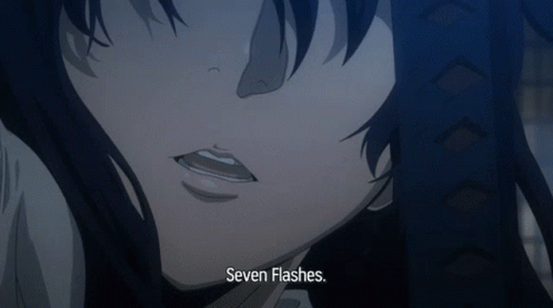 an anime character with a funny expression and the caption is saying seven faces