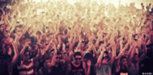 a crowd of people is raising their hands in celetion