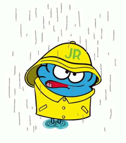 an angry bird in blue rain gear
