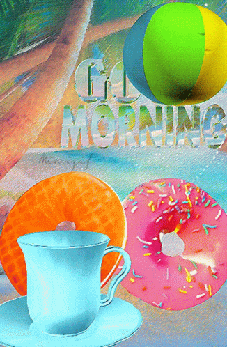 a poster with a tea cup, plate and donut