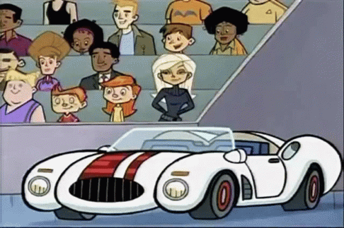 cartoon of a race car being driven by two children