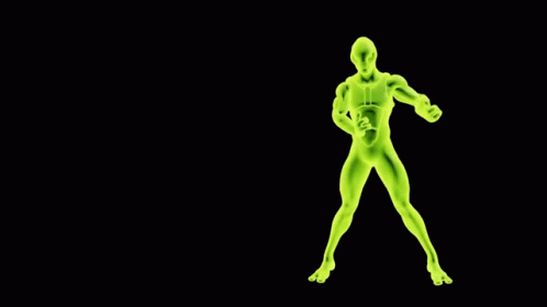 the green neon figure has an arm outstretched