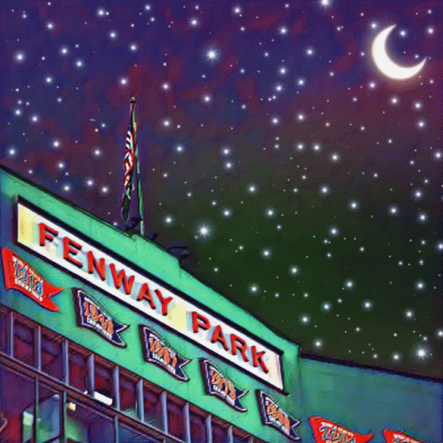 an abstract painting of a night scene of a fenway park building