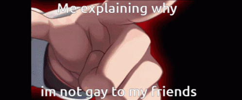 an animated po with text saying, me explaining why im not gay to my friends