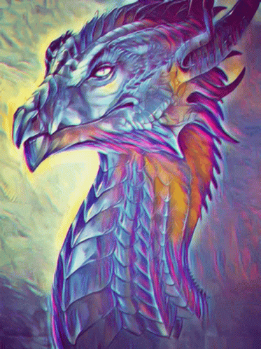 a painting of an animal with horns in purple, blue and pink colors