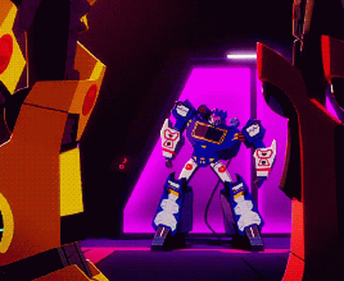 a robot standing in front of a purple light