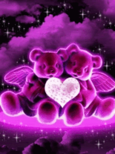 two teddy bears sitting on the purple cloud